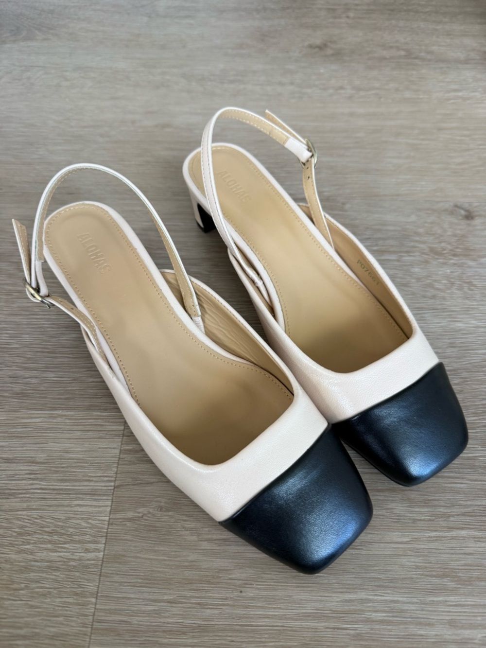 Alohas, Slingback Two-Tone Block Heel Pumps - Cream and Black, 38